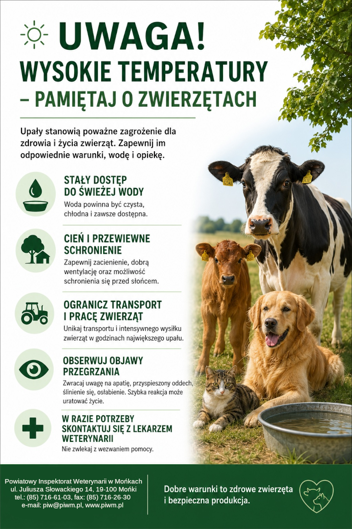 Uwaga! Wysokie temperatury – pamiętaj o zwierzętach. link do plakatu z dostępnościa niżej